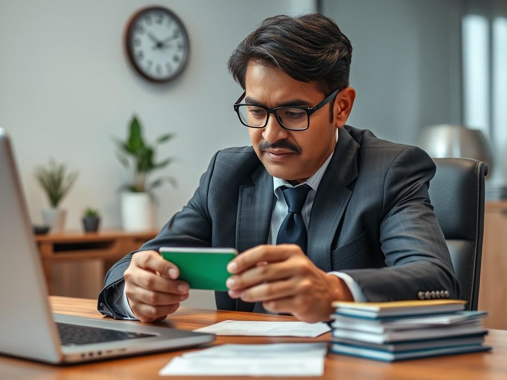 **AI Image Generation Prompt:**

Create a realistic high-resolution photo that embodies the theme of financial responsibility and credit card usage. The composition should feature a single focused subject: a confident, middle-aged South Asian individual sitting at a sleek wooden desk, examining a credit card thoughtfully. The person should be dressed in formal, yet approachable attire, exuding a sense of professionalism and clarity.

In the background, include a soft-focus setting of a modern office environ