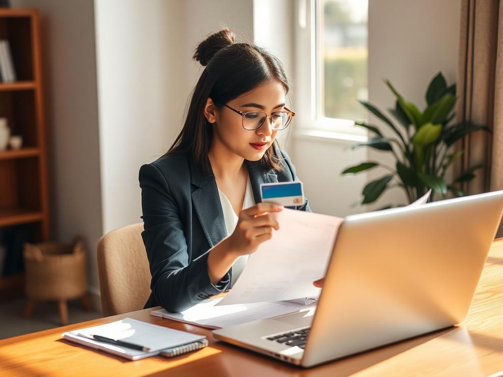 **AI Image Generation Prompt:**

Create a realistic high-resolution photo featuring a focused close-up shot of a confident person, a young professional, sitting at a modern wooden desk. The subject is a South Asian woman in her 30s, wearing smart casual attire, thoughtfully analyzing financial documents while holding a credit card in one hand. 

The background should be softly blurred to keep the attention on the subject; it should depict a cozy, well-lit home office setting with a minimalistic design — a p