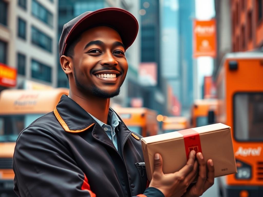 A close-up shot of a delivery professional in a smart uniform, smiling and holding a package. The background shows a busy urban environment with delivery trucks and city buildings, all rendered in hyper-realistic detail. The color palette should incorporate an orange hue, matching rgb(243, 153, 62), to create a warm and welcoming atmosphere.