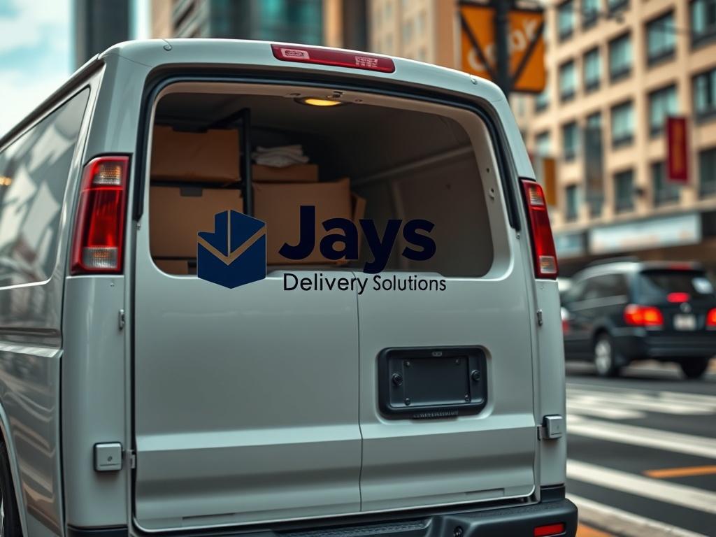 A close up shot of a delivery van parked in