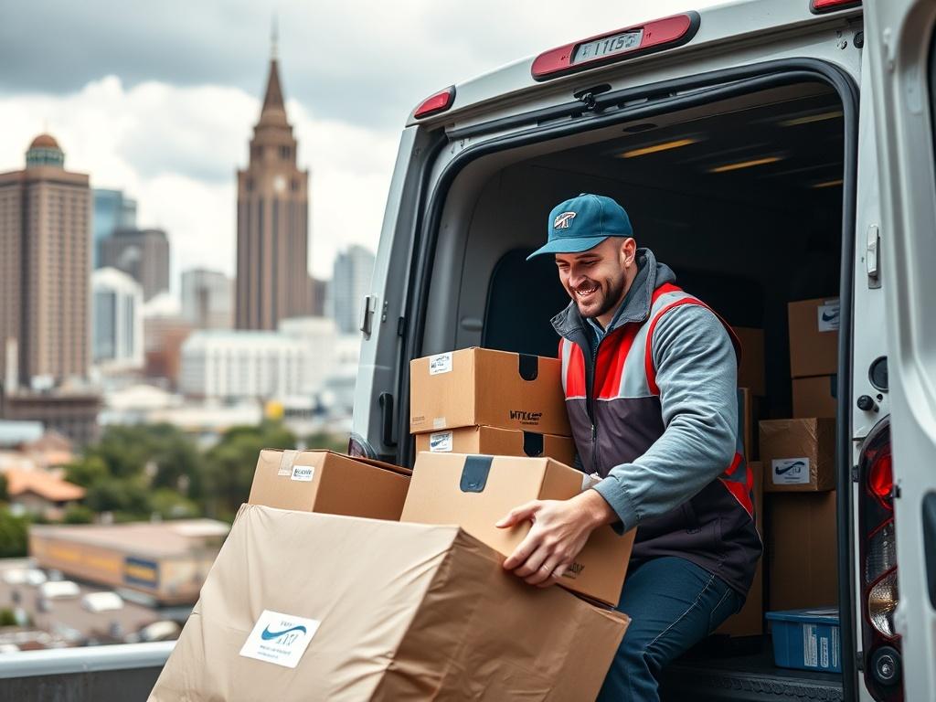 A focused close up shot of a delivery driver loading