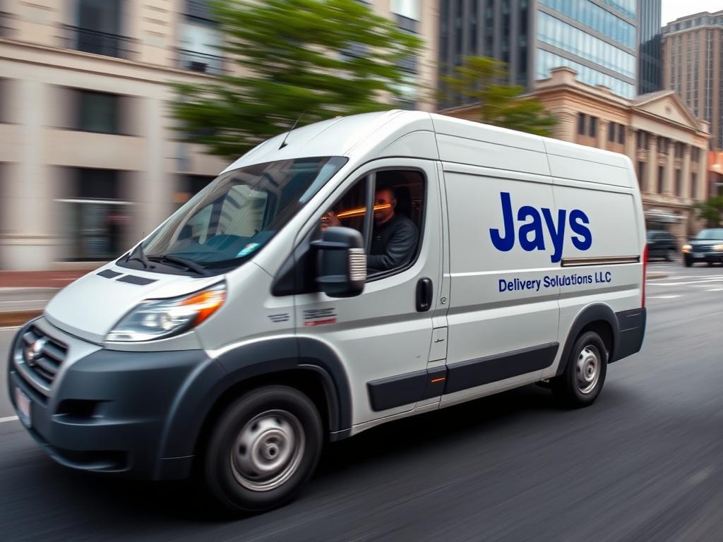A dynamic close up shot of a delivery van speeding