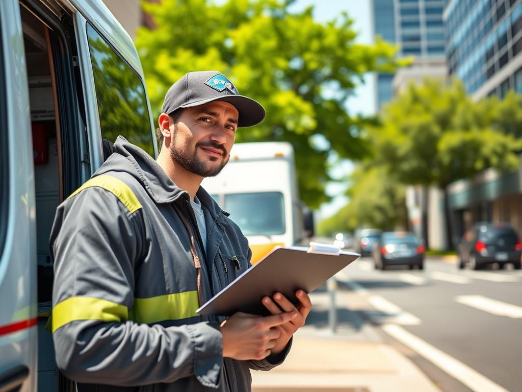 A close up shot of a delivery driver preparing to