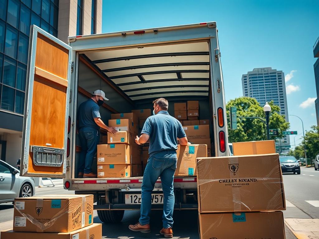 A close up image of a delivery team carefully loading