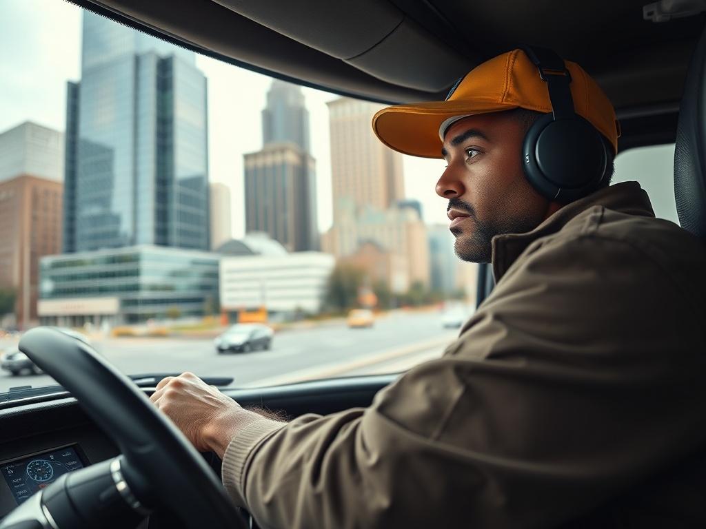 A close up shot of a delivery driver on the
