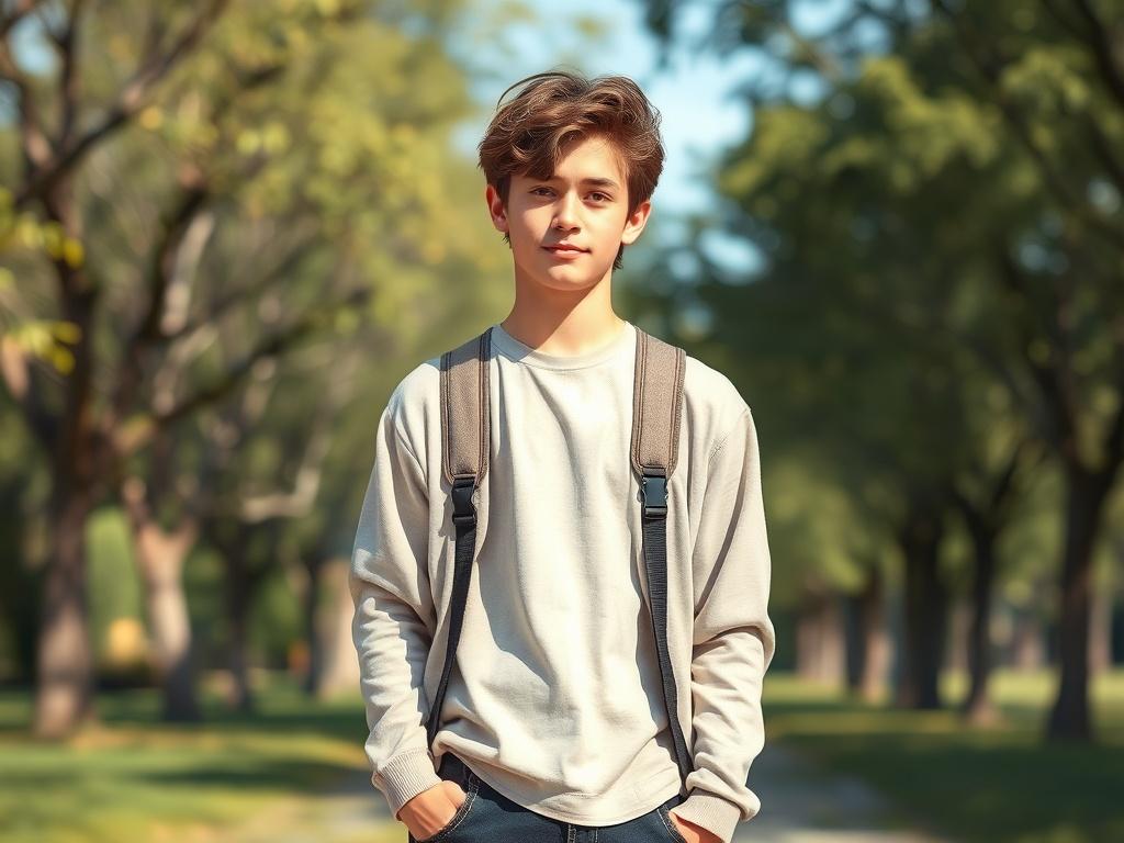 A young person standing confidently in a peaceful outdoor setting, surrounded by greenery and soft sunlight. The individual, a teenager, has an expression of determination and optimism, wearing casual but stylish clothing. The background features gentle, blurred outlines of trees and a clear blue sky, creating a serene atmosphere. The image uses soft tones that complement the primary color rgb(162, 175, 127), enhancing the feeling of calm and empowerment.