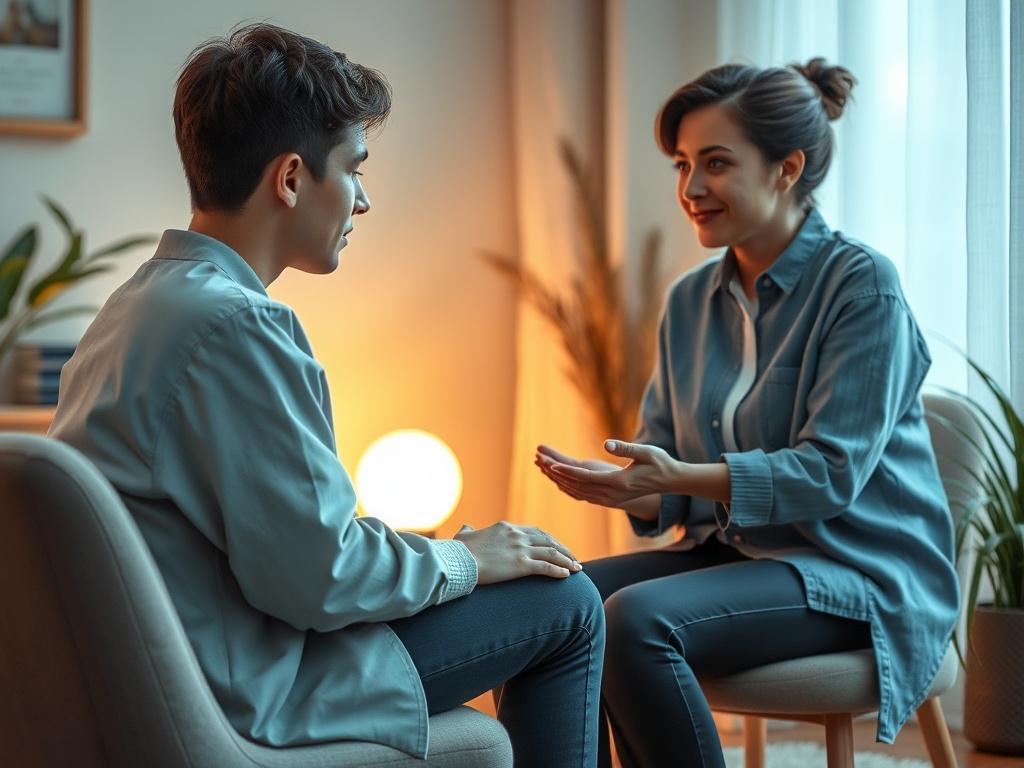 A young person sitting in a serene, softly lit room, engaged in a counseling session with a supportive counselor. The counselor is listening attentively, creating a safe environment. The background features calming colors and elements that evoke a sense of peace, such as plants and warm lighting. The image should convey a sense of hope and transformation, highlighting the importance of supportive relationships in overcoming challenges.