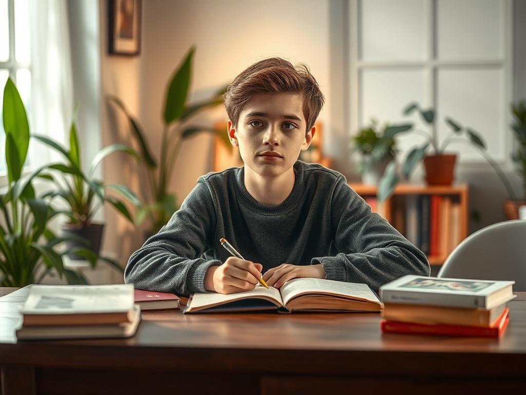 A young person, around 15 years old, sitting thoughtfully at a table, surrounded by books and a journal, symbolizing personal development. The setting is a cozy, well-lit room with soft tones and gentle lighting, creating a peaceful atmosphere. The young person is writing in their journal with a focused expression, representing the journey of emotional regulation and goal setting. The background includes plants and calming elements, reflecting a nurturing environment conducive to growth.