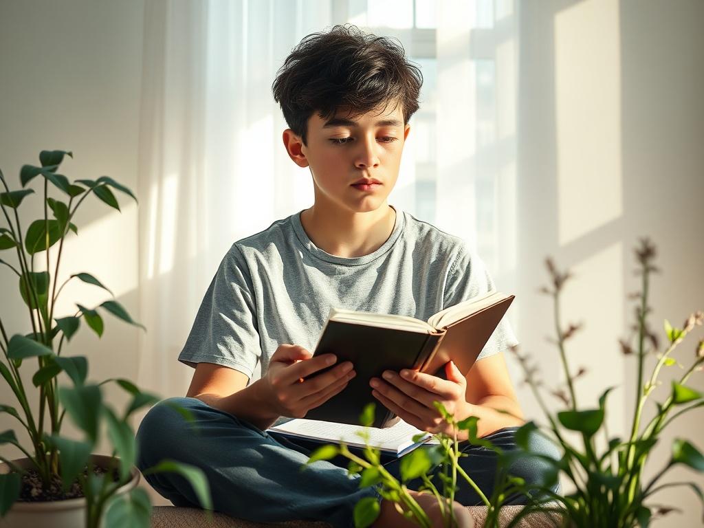 A young person sitting peacefully in a sunlit room, reflecting thoughtfully while journaling. The background features soft tones with gentle lighting that enhances a calm atmosphere. The subject, a teenager, should be focused and serene, with a journal and pen in hand, surrounded by plants that suggest growth and healing. The overall composition should evoke a sense of tranquility and introspection.