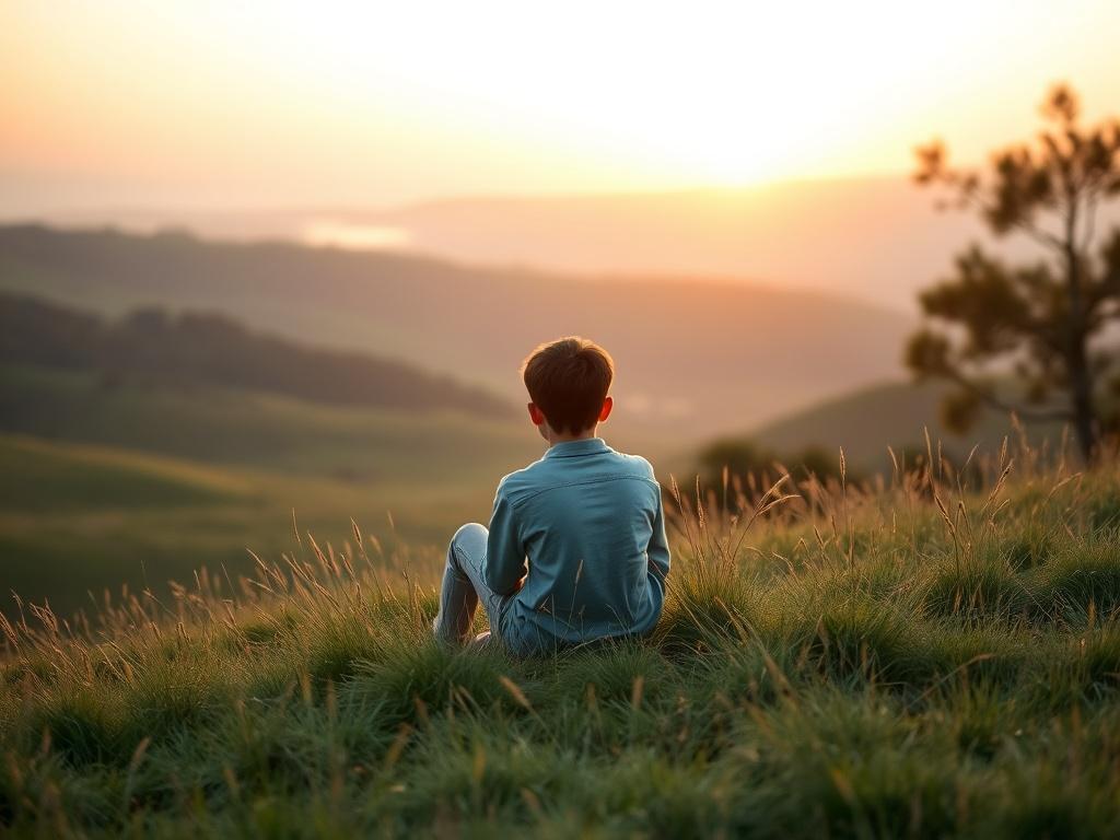 A serene and peaceful landscape featuring a young person sitting