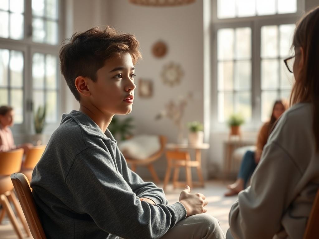 A young individual, sitting in a cozy workshop setting, engaged