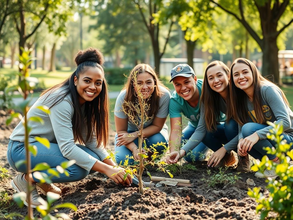A group of diverse young volunteers working together outdoors, planting