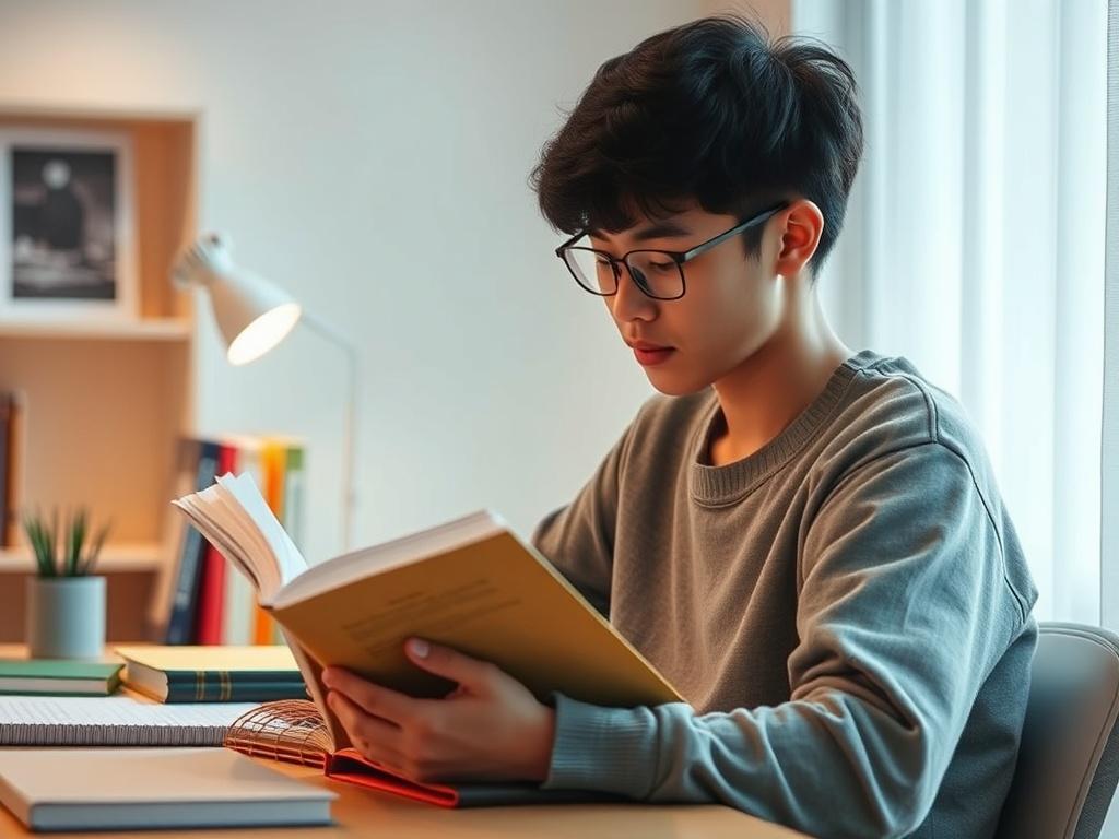 A student studying in a calming, well lit study space,