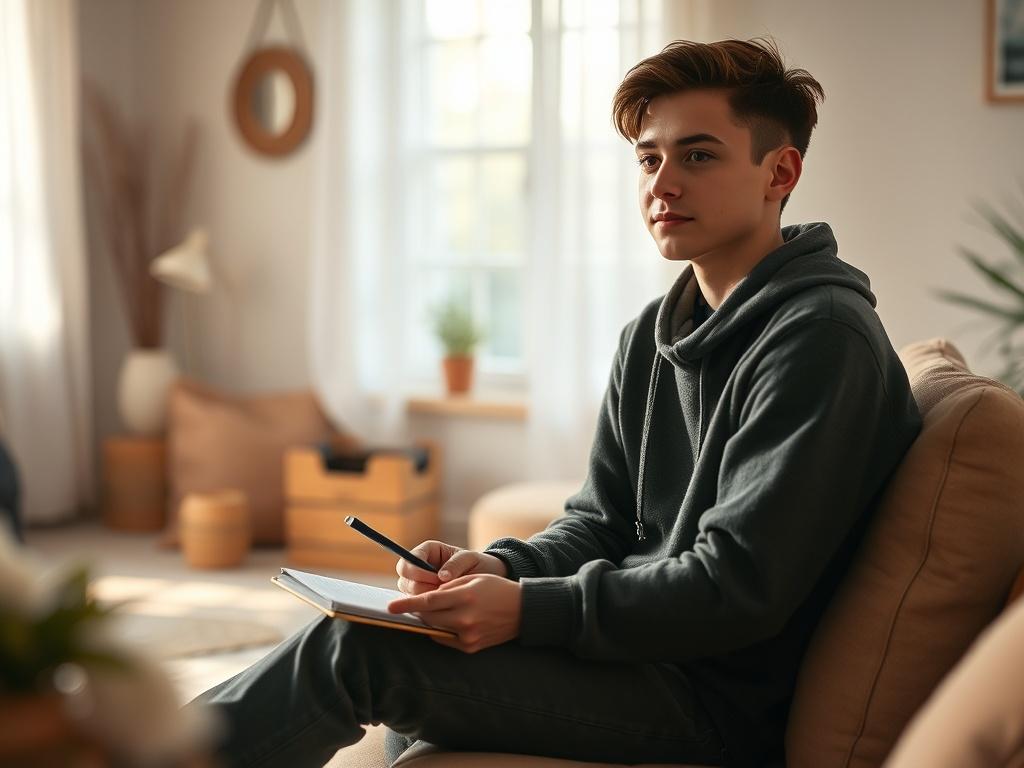 A young person sitting in a cozy, softly lit room,