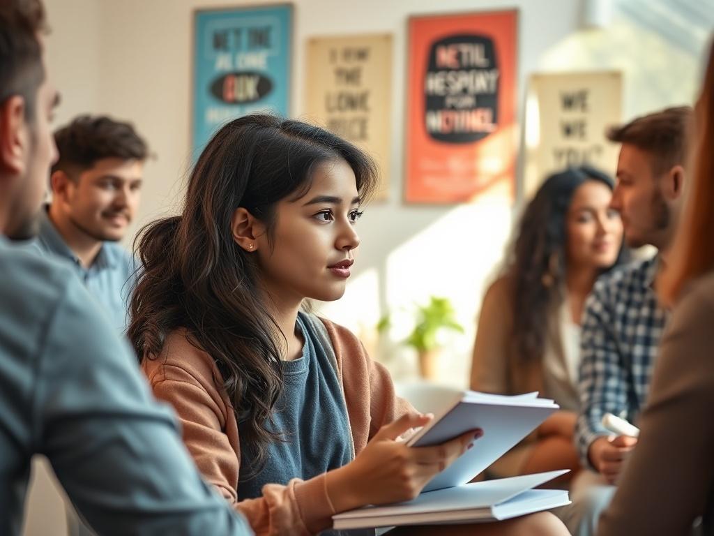 A young individual participating in a personal development workshop, surrounded