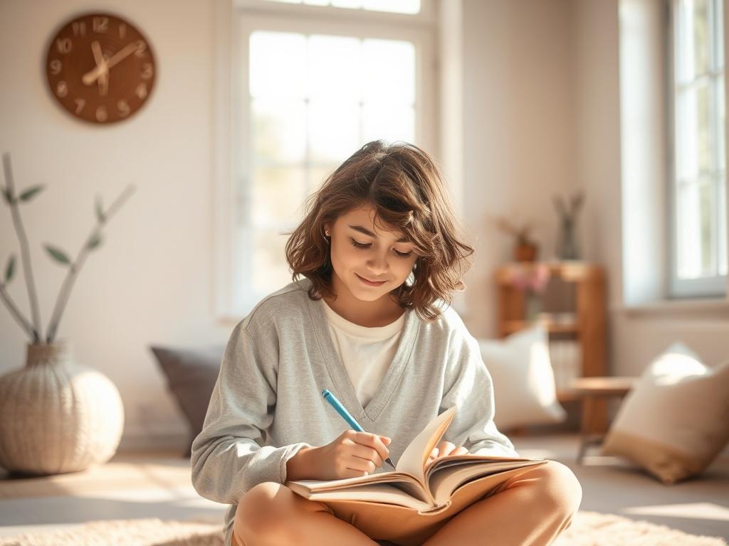 A young person sitting in a peaceful, softly lit room,