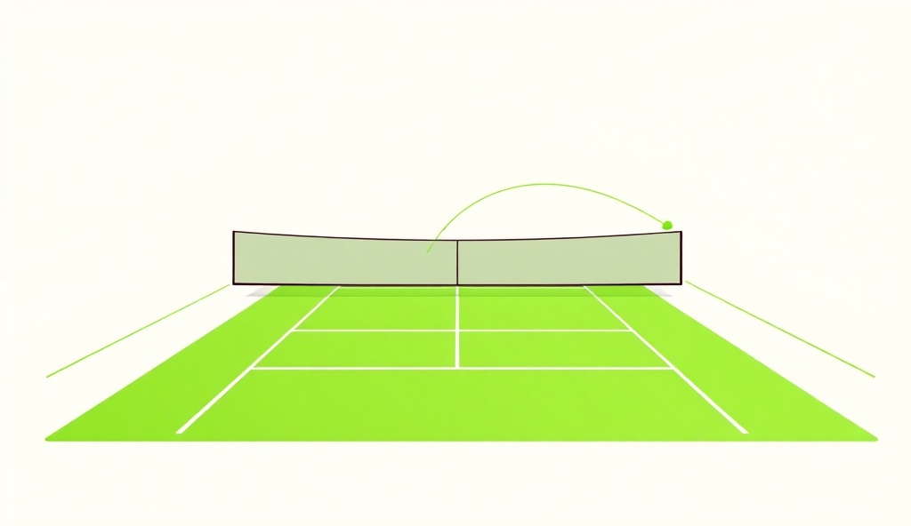 Abstract tennis court visualization with geometric lines and ball trajectory