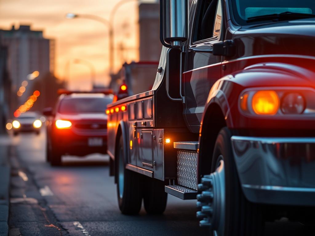 A close-up shot of a tow truck in action, towing a car during twilight. The background shows a softly lit city street, emphasizing the emergency nature of the service. The tow truck is prominently displayed, with details highlighted, capturing the reliability and strength of All-Star Towing & Roadside.