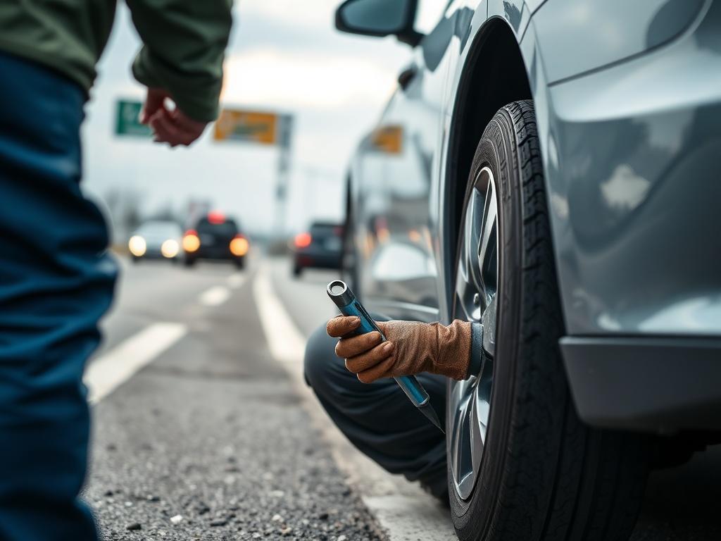 A close-up shot of a mechanic assisting a driver with a flat tire on a roadside. The image should focus on the mechanic working on the tire, showcasing the tools used and the urgency of the situation. The background features a blurred view of a busy road, symbolizing the roadside assistance theme.