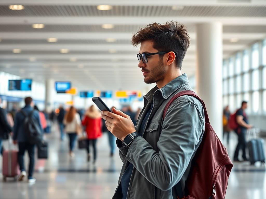A realistic image of a traveler using a smartphone while