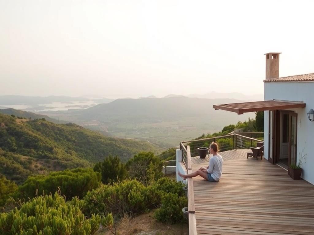 A serene landscape in Ibiza, featuring a tranquil finca nestled