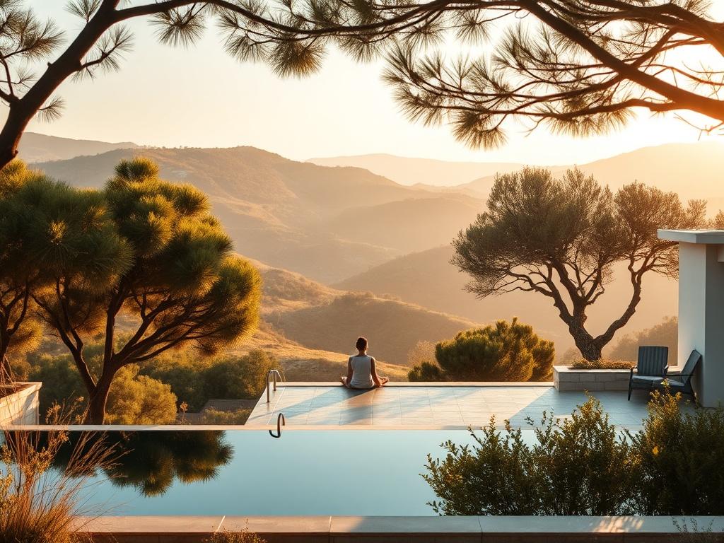 A tranquil finca in Ibiza surrounded by lush hills, with