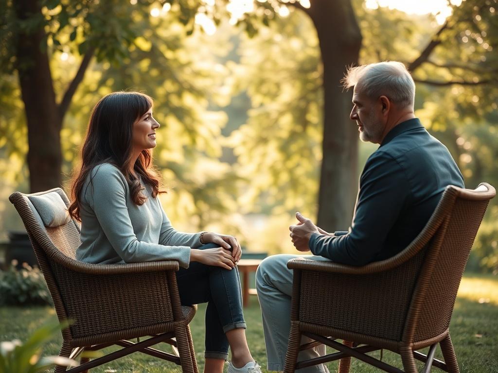 A serene coaching session in a peaceful outdoor setting, with