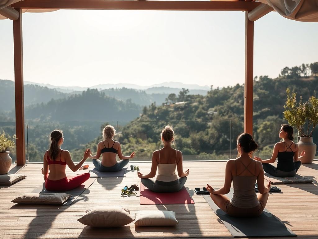 A picturesque retreat scene featuring a group of people practicing