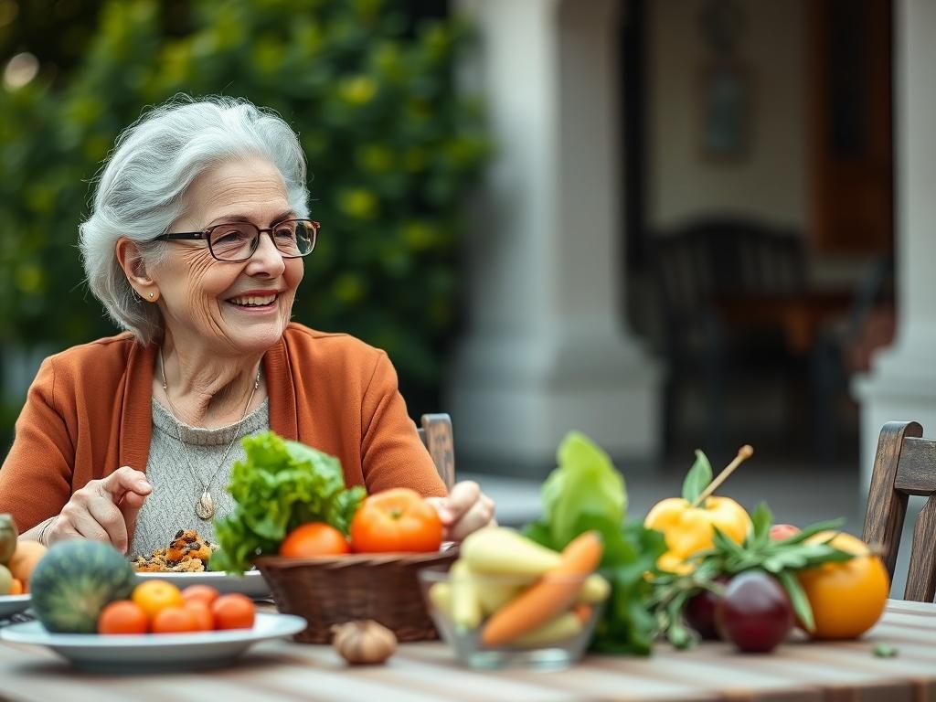 A high-resolution close-up photo capturing a serene elderly couple enjoying a healthy meal together outdoors. The image should focus on their joyful expressions and the vibrant colors of fresh fruits and vegetables on the table. The background should be softly blurred, emphasizing the couple and their meal, while maintaining a warm, inviting atmosphere.