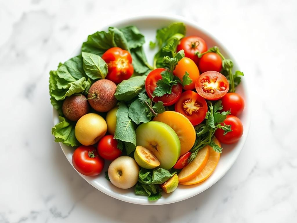 A hyper-realistic close-up image of a heart symbol made of various fruits and vegetables, including apples, tomatoes, and greens, arranged artistically on a white plate. The background should be softly blurred, enhancing the focus on the heart made of food, symbolizing health and vitality.