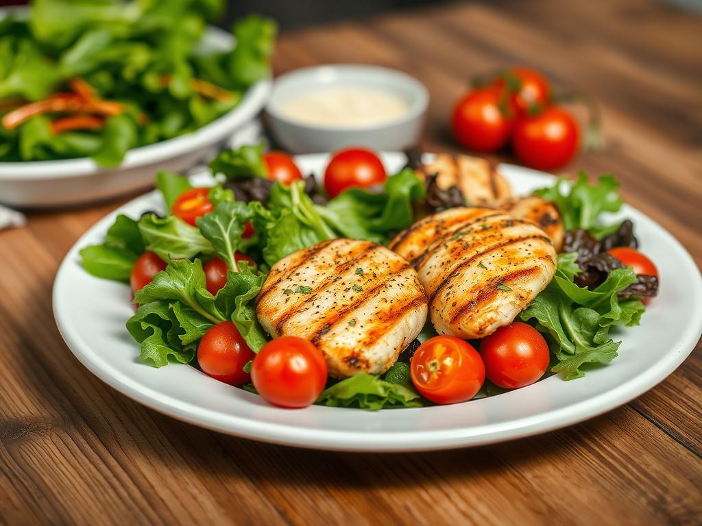 A close-up shot of a healthy meal with vibrant colors, featuring a plate of grilled chicken, mixed greens, cherry tomatoes, and a light vinaigrette, beautifully arranged on a wooden table. The background should be softly blurred to emphasize the meal, capturing a sense of freshness and vitality.