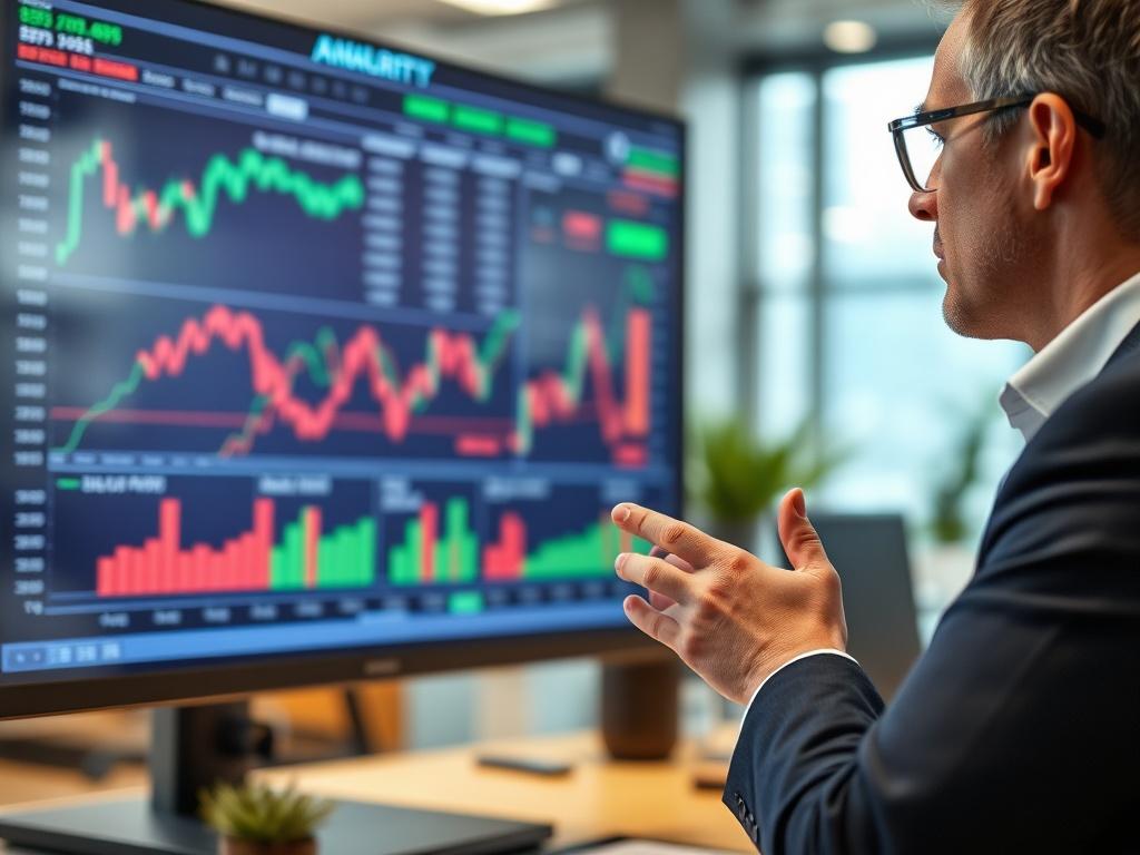 A close up shot of a financial analyst reviewing market