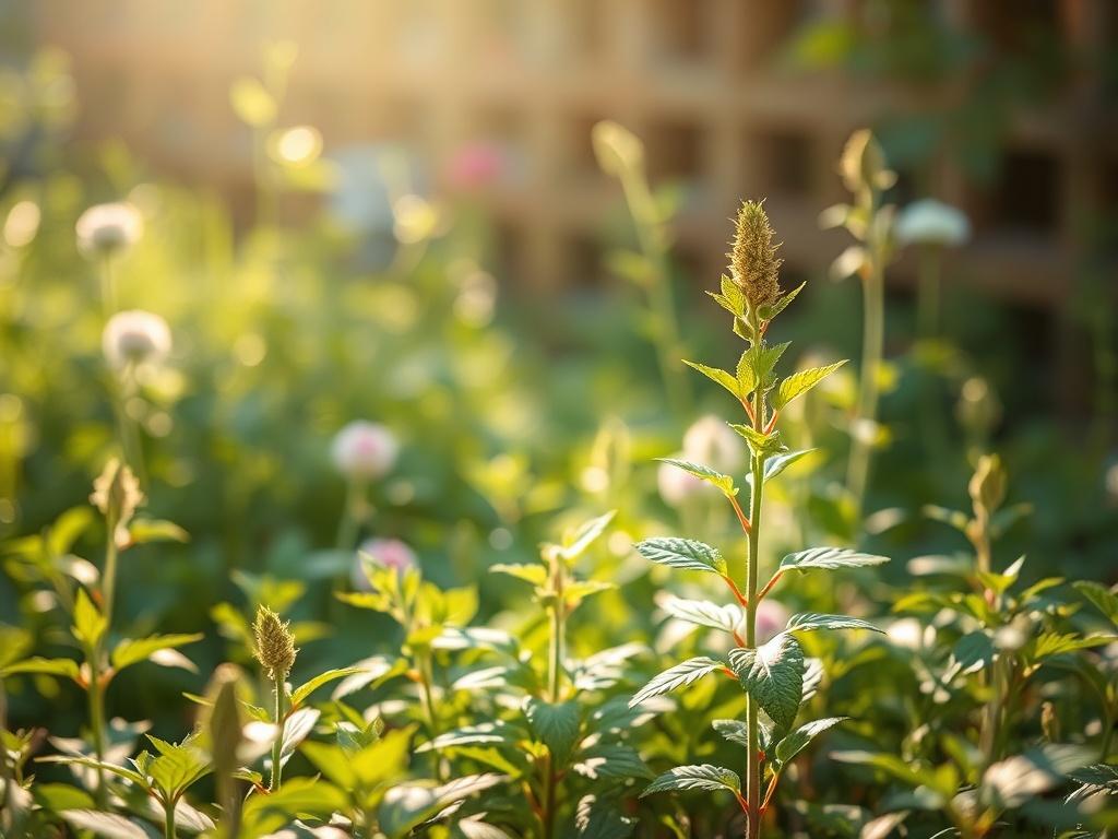 A serene and peaceful image of a lush herbal garden