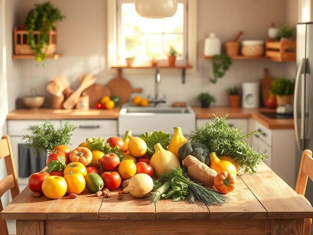 An inviting kitchen scene showcasing a wooden table filled with