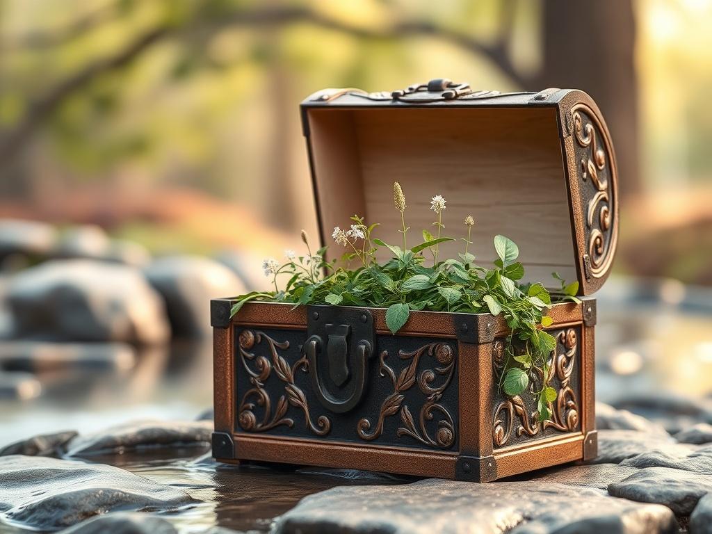 A serene setting depicting a sturdy, ornate chest symbolizing an