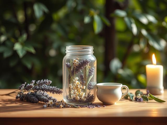 Create a realistic high-resolution photo that reflects the blog titled "Nurturing Your Spirit with Herbal Remedies." The composition should be straightforward and inviting, focusing on a single subject. 

**Subject Matter:** Feature a serene, warm-toned wooden table with a clear glass jar filled with dried herbs, such as lavender, chamomile, and sage, prominently displayed in the center. Include soft, ethereal light gently illuminating the jar, highlighting the rich colors and textures of the herbs inside.
