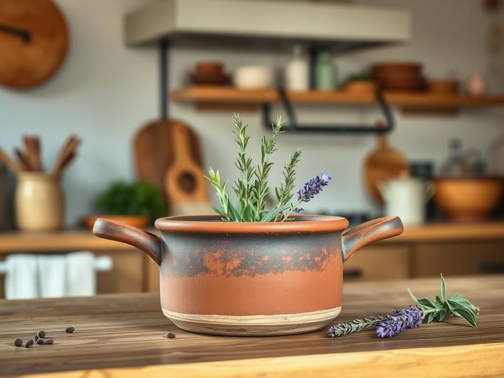 A rustic Simmer Pot made from natural clay sits on a wooden countertop, filled with water and fresh herbs like rosemary and lavender. The background features a warm, inviting kitchen with earthy textures and soft natural light illuminating the pot, creating a cozy and tranquil atmosphere.