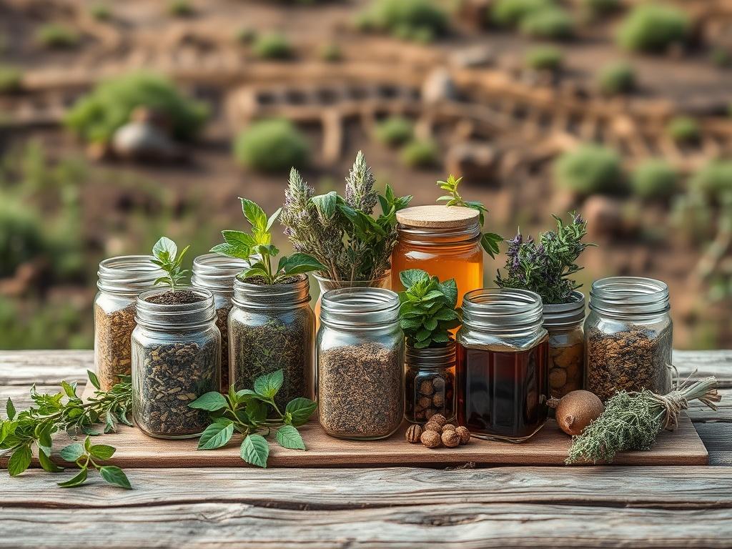 A rustic wooden table displaying a variety of herbal tea