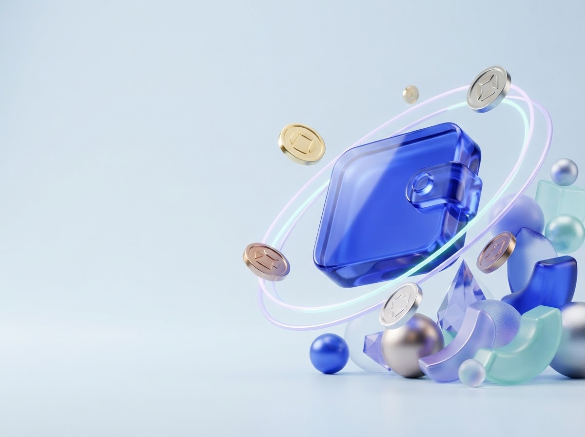 Sculptural blue digital wallet and floating metallic tokens