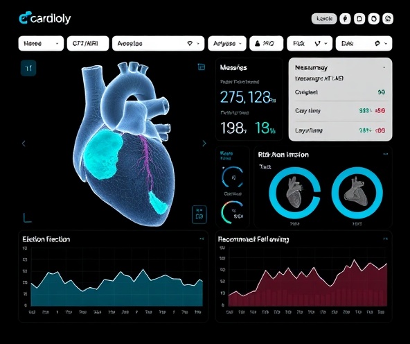 Cardiac imaging analysis interface showing heart structure with measurements