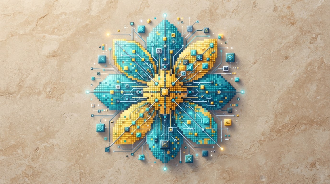 Pixel bloom illustration of geometric components assembling into organic forms