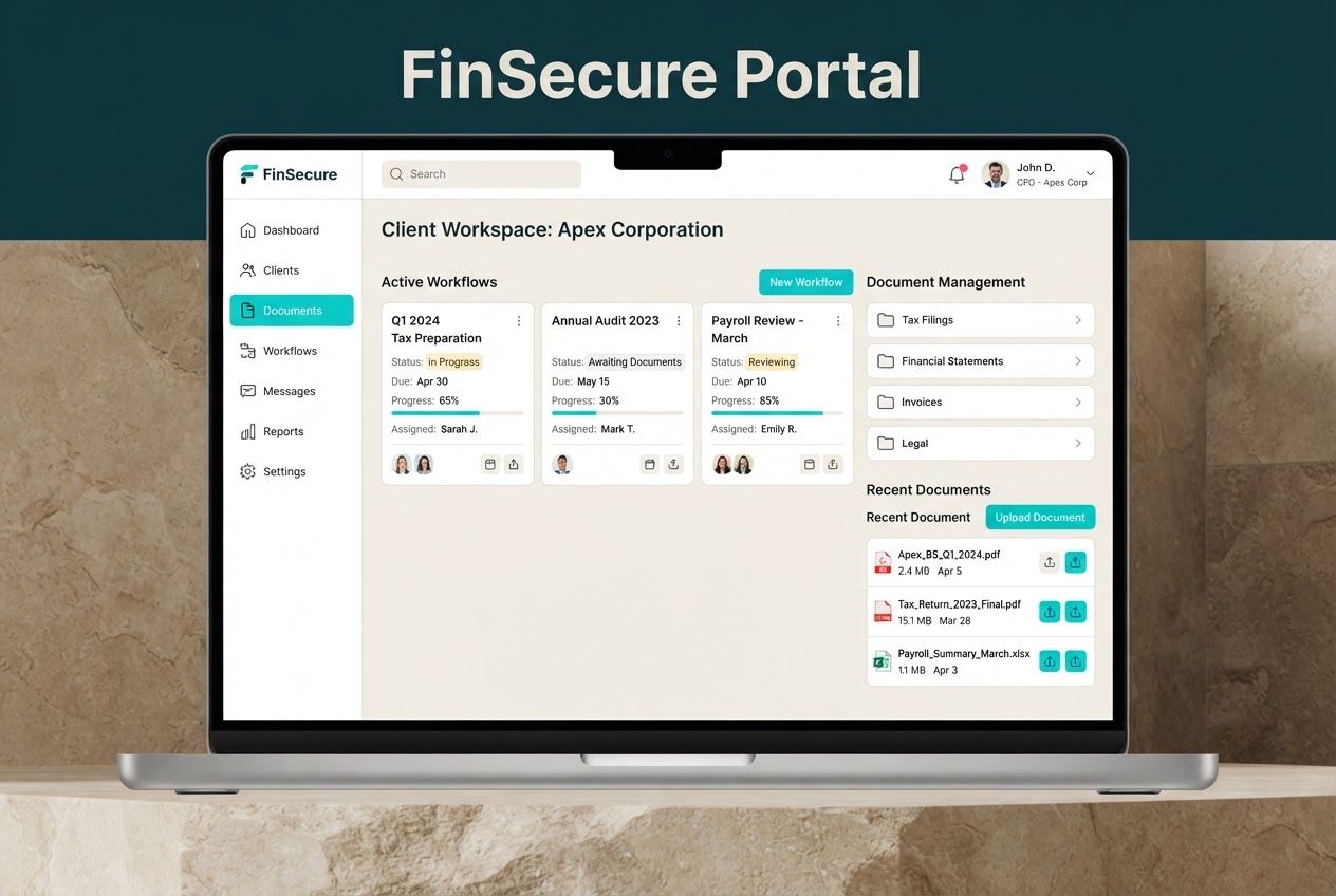 LumaDesk secure client workspace portal showing document management and workflow cards