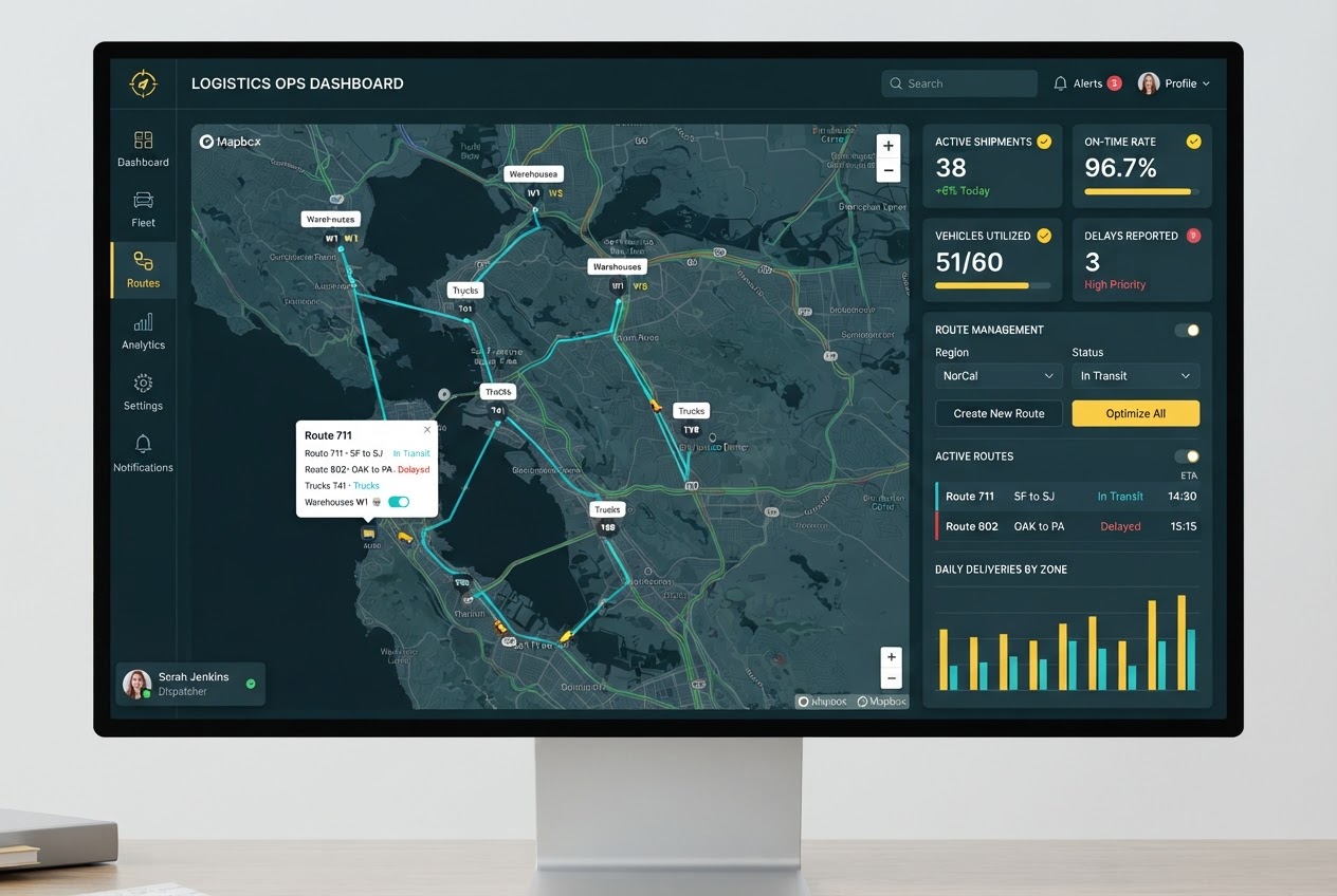 Harborline route planning dashboard with map, route optimization, and real-time delivery status