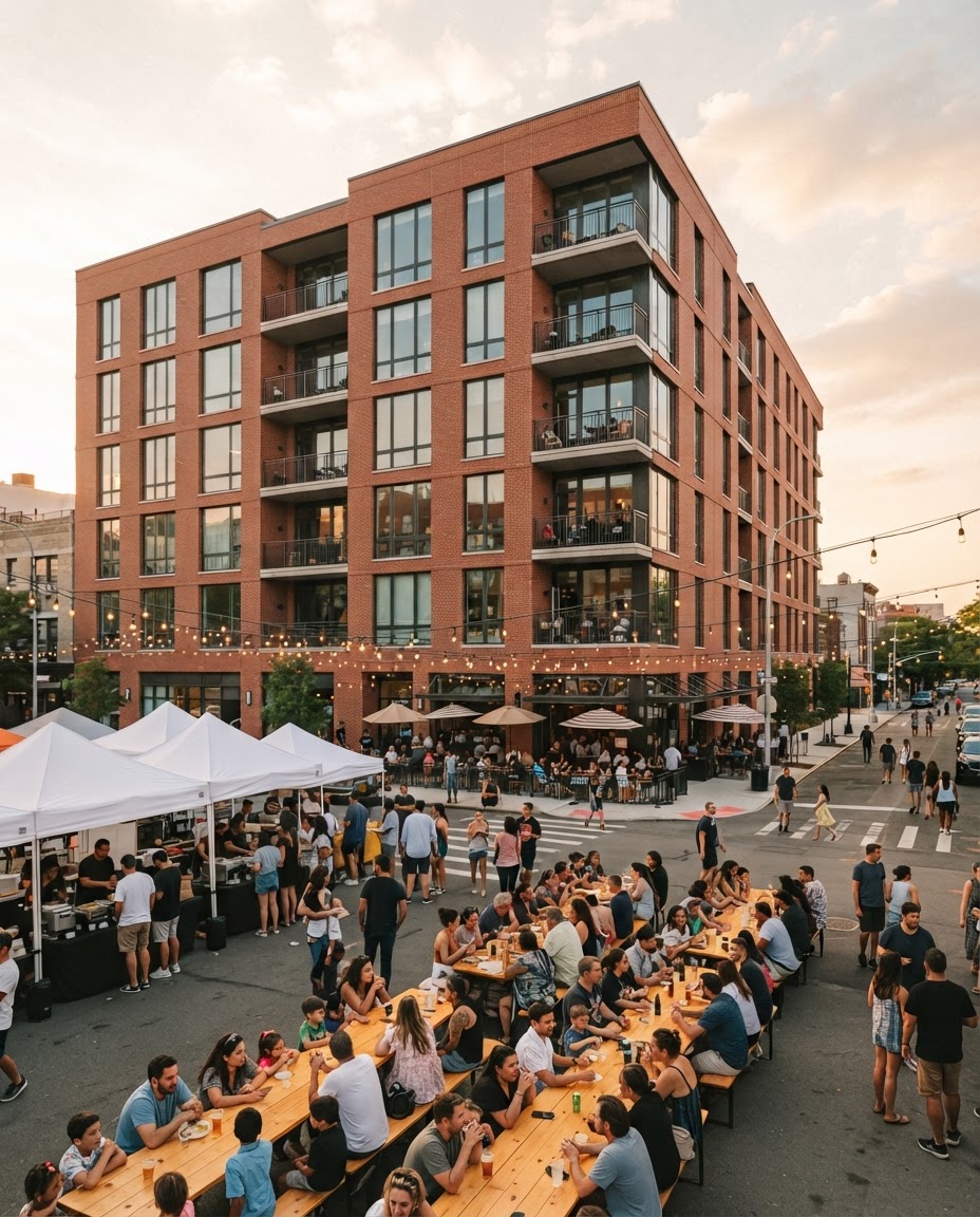 Elevated view of the opening-day block party at The Kestrel on Colfax: long tables of neighbors under string lights on the closed street, white food tents, and the new six-story rust brick mid-rise with dark-framed windows, recessed balconies and an umbrella-shaded corner restaurant patio behind