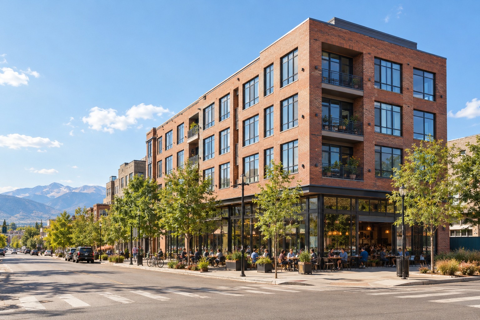 A completed five-story Kestrel & Pike brick-and-glass mixed-use building on a sunny Denver street corner, with a busy ground-floor cafe and the Front Range in the distance.