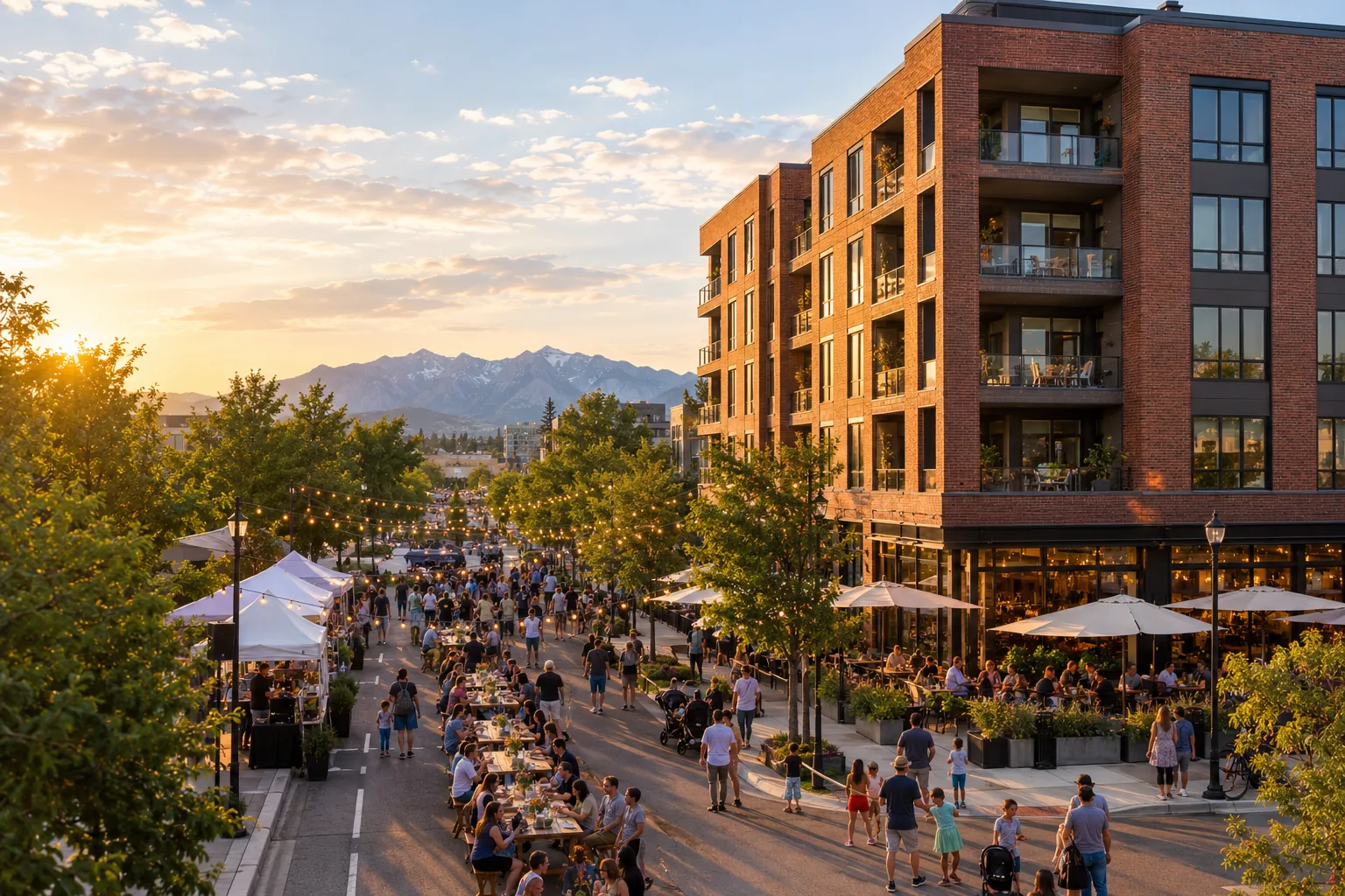 Wide view of the opening-day block party at The Kestrel on Colfax: a calm stretch of closed avenue and trees on the left, long tables of neighbors under string lights and white food tents in the middle, and the new six-story rust brick corner building with dark-framed windows, balconies and an umbrella-shaded restaurant patio filling the right
