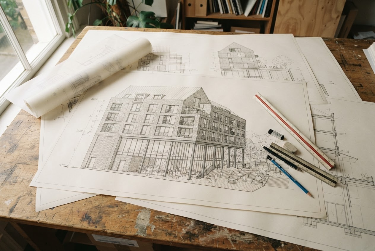 Elevation drawings of Sloan's Corner's five-story brick scheme with its glass market hall and corner plaza, spread on a studio table with tracing paper