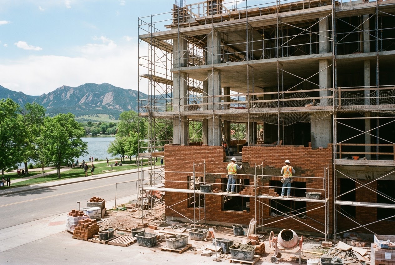 Masons laying warm rust brick on the scaffolded lower floors of Sloan's Corner's five-story frame, the lake park in the background across the street