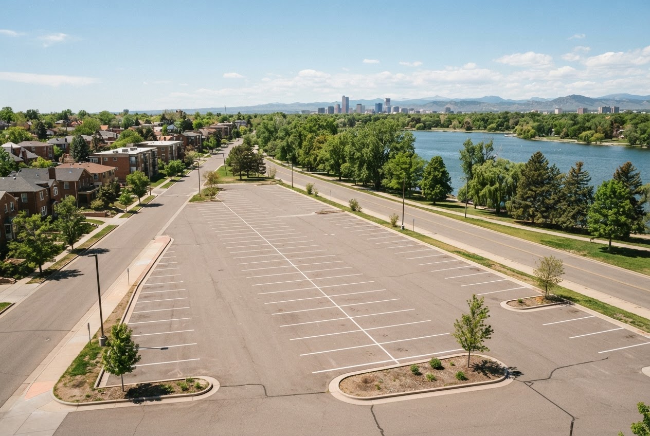The empty asphalt parking lot before acquisition, striped stalls across the street from the green park at Sloan's Lake in a low-rise neighborhood