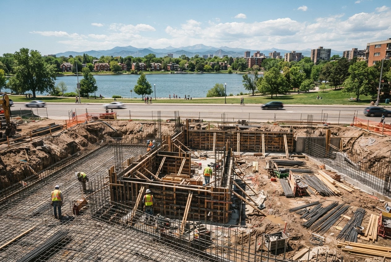 The excavated Sloan's Corner site with rebar grids and forms in the pit, the lake and park visible just across the street